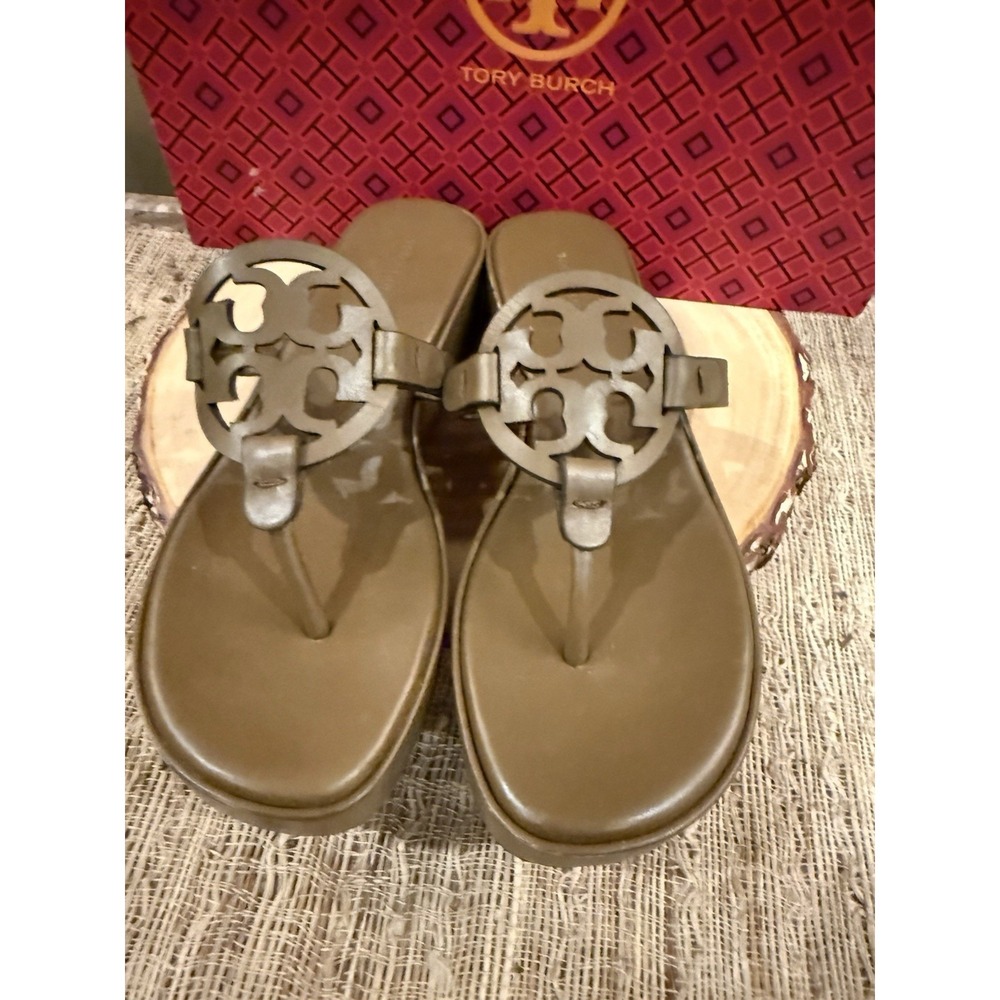 NEW TORY BURCH MILLER WEDGE 25mm BROWN LEATHER SANDALS 6M - Picture 6 of 10